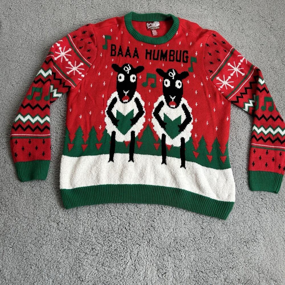 Christmas Party Sweater Sheep Baaa Bah Humbug Ugly Red Sweater Size XL Dec. 25th